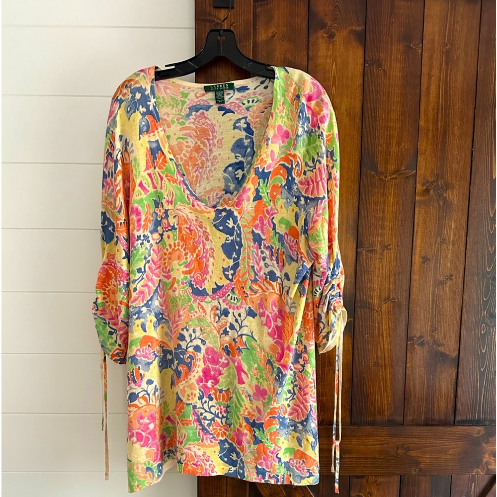 Ralph Lauren 2X Sweater Tunic 100% Silk Light Kit Pullover Tab Sleeves V Neck